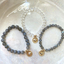 Load image into Gallery viewer, 8MM Labradorite, 6MM Clear Quartz and 6MM Labradorite with  Sun Evil Eye Charm