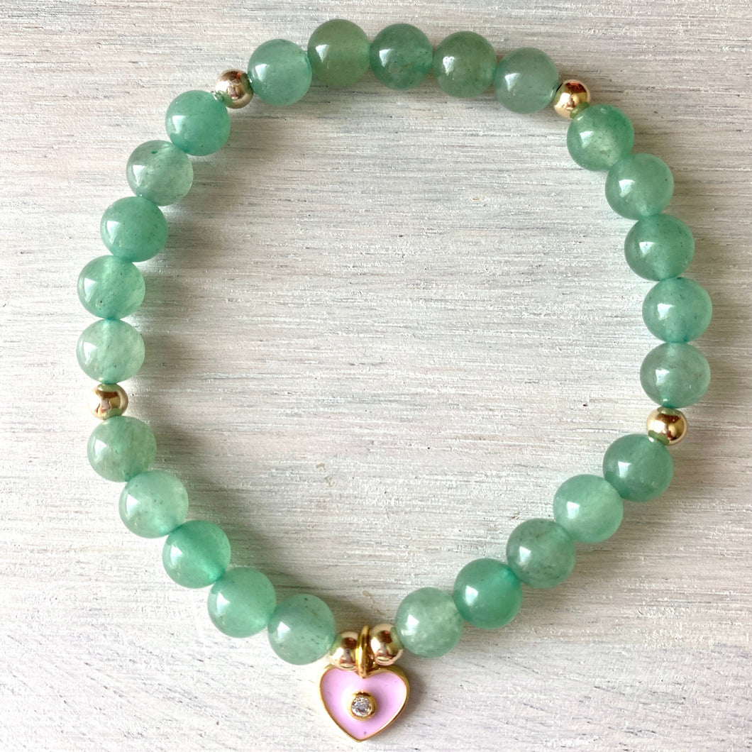 6MM Green Aventurine with Pink Enameled Heart
